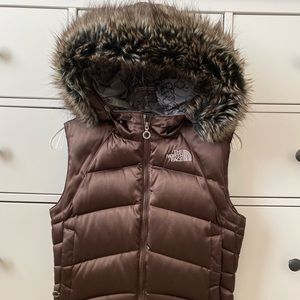 Small North Face Fur Hooded Puffer Vest with Goose Feather Insulation